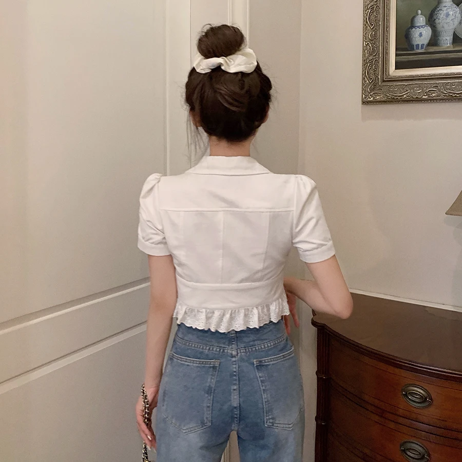 

Summer style Korean Clothes Woman Blouses White Shirts Crop Top Lace Up Crop Top Ladies Tops Fashion Brand Turn-down Collar New