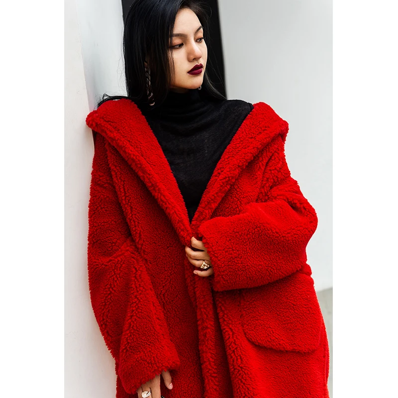 YIGELILA зимние однотонные красные пальто с длинными рукавами Тедди толстые теплые