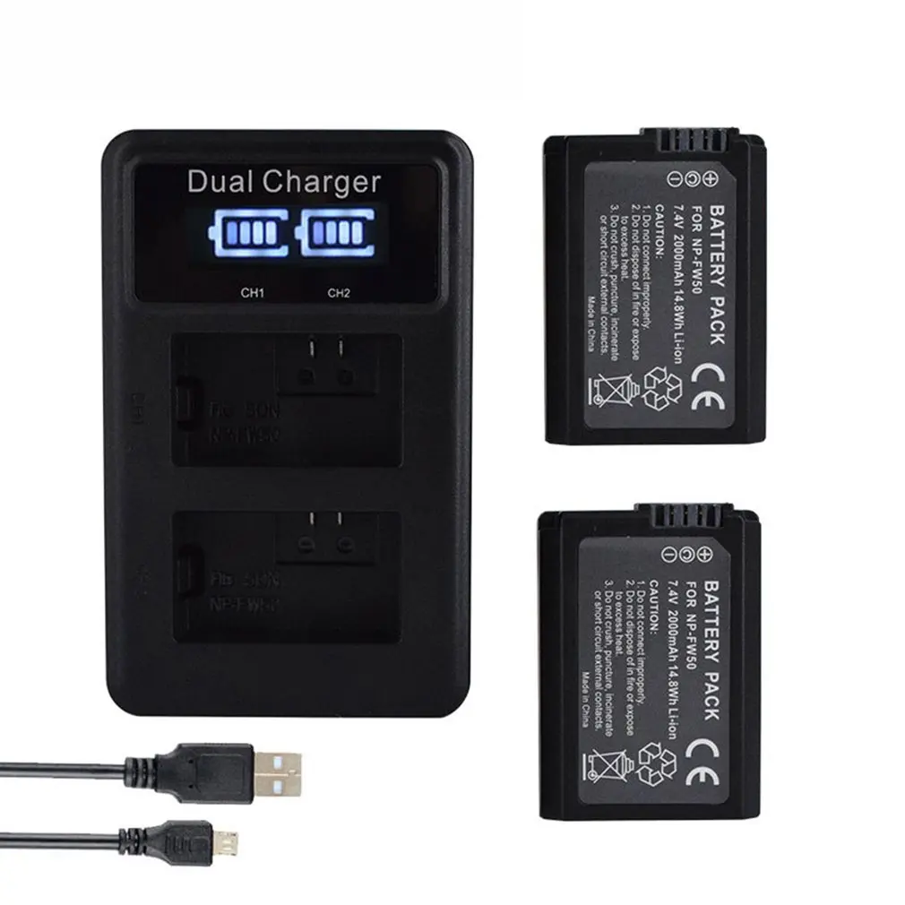 2 batteries charger Для sony 2 шт 2000 мАч NP-FW50 NP FW50 батарея для камеры+ ЖК USB двойное зарядное устройство для sony Alpha a6500 a6300 a6000 a5000 a3000 - Цвет: 2 batteries charger