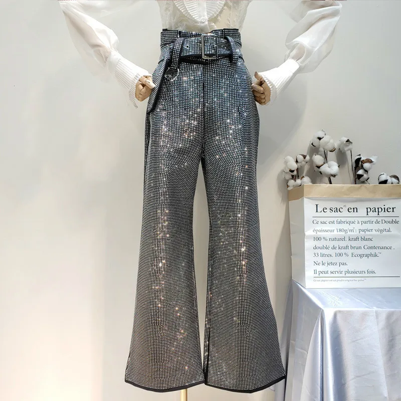 Брюки женские LANMREM черные свободные хлопковые брюки со стразами и высокой талией