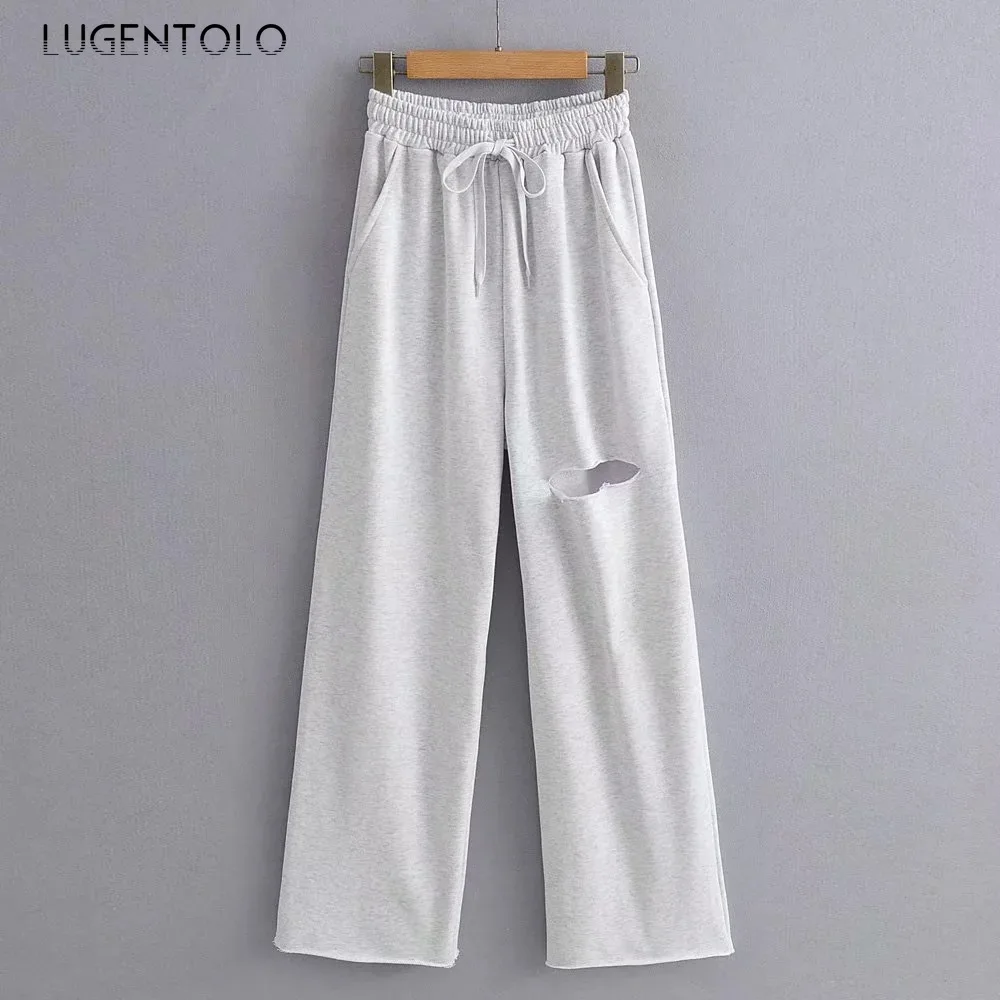 

Lugentolo Women Street Pants High Waist Wide Leg Fashion Loose Hole Casual Pants Female Mopping Sport Long Pants