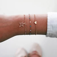 3pcs beads beach bracelet sets for women simple adjustable gold girl jewelry gifts heart pentagram design anklet accessories