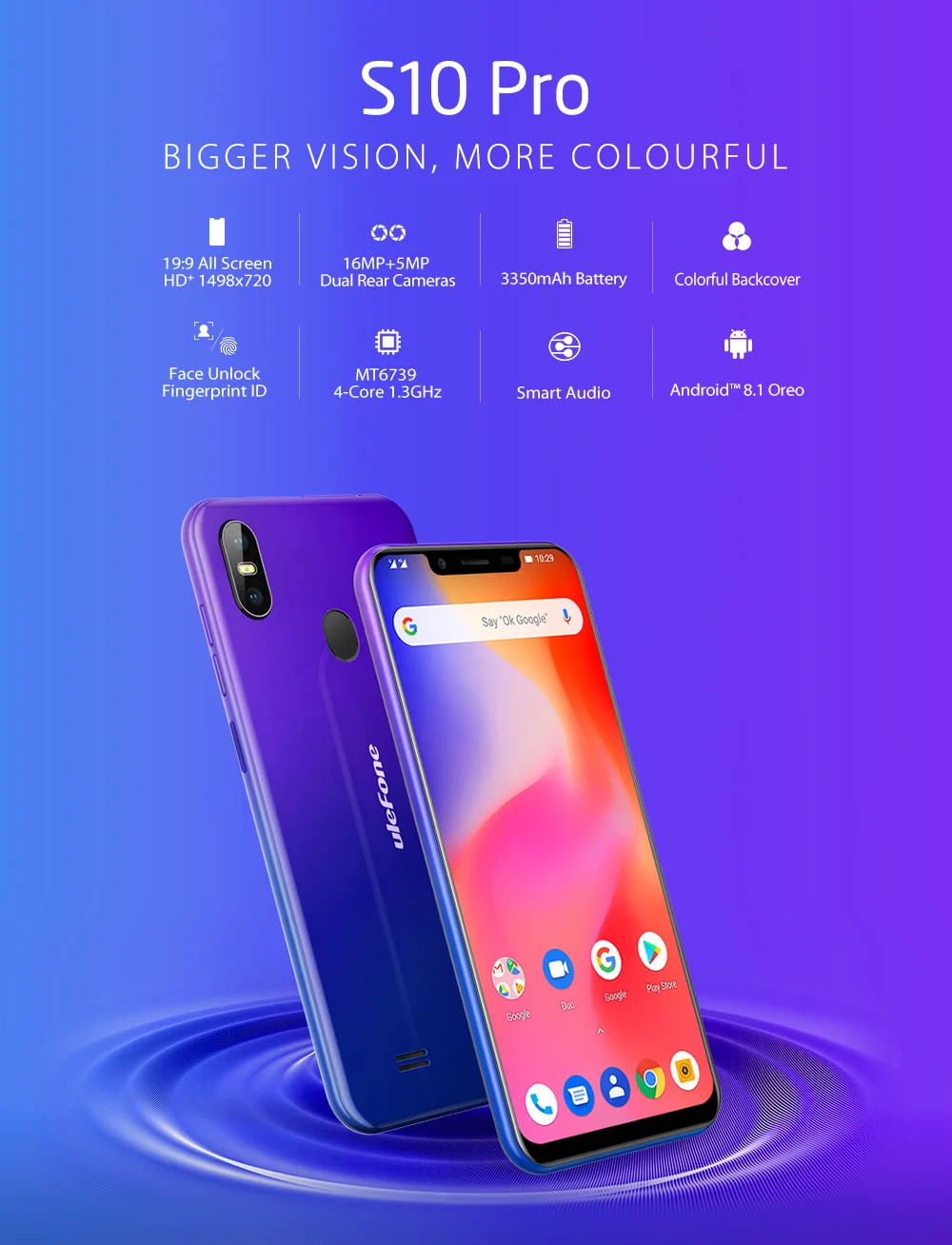 Ulefone S10 Pro 4G смартфон Android 8,1 3350 мАч 5,7 дюймов Быстрая зарядка 19:9 четырехъядерный 2 ГБ+ 16 Гб разблокировка лица 16 Мп+ 8 Мп мобильный телефон