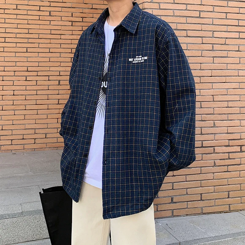 

New Hong Kong style loose couples long sleeve shirt Korean edition students alphabet printed checked shirt men's wear