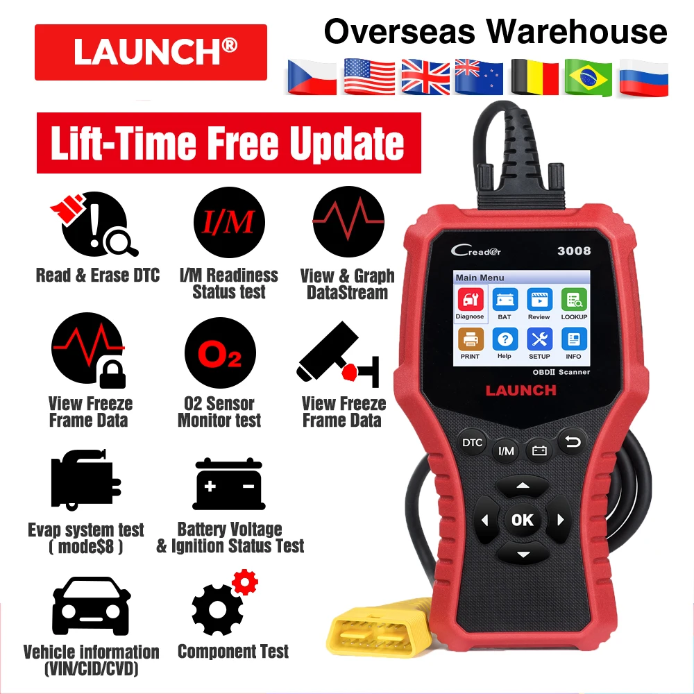 LAUNCH Creader 3008 OBDII сканер для считывания кодов поддержка полного obd2+ тестер батареи CR3008 автоматический obd2 Диагностический Инструмент Бесплатное обновление