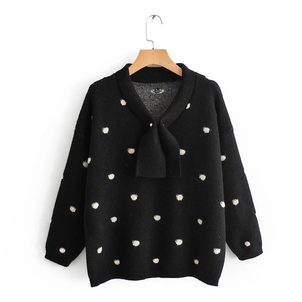 HF19172 Black H.SA Women Winter Sweaters Long SLeeve Crew Neck Pink Pullover and Sweater Polka Dots Bow Sweaters Kawaii Knitwear Tops - Цвет: HF19172 Black
