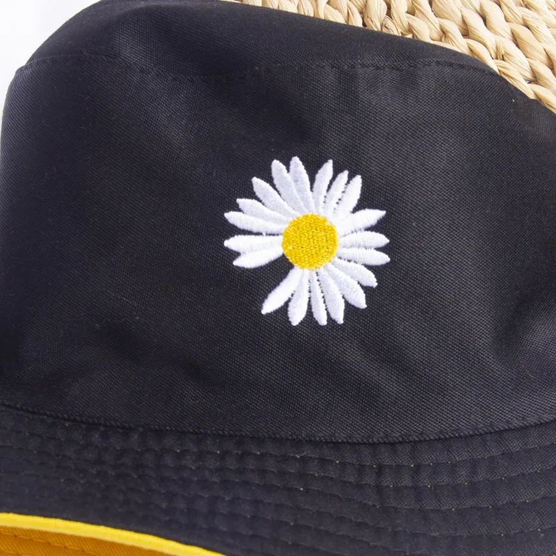 

Summer Black White yellow Bucket Hat Women Men Foldable Cotton Fisherman Cap Little daisies Print Panama Sun Hats Chapeau Unisex