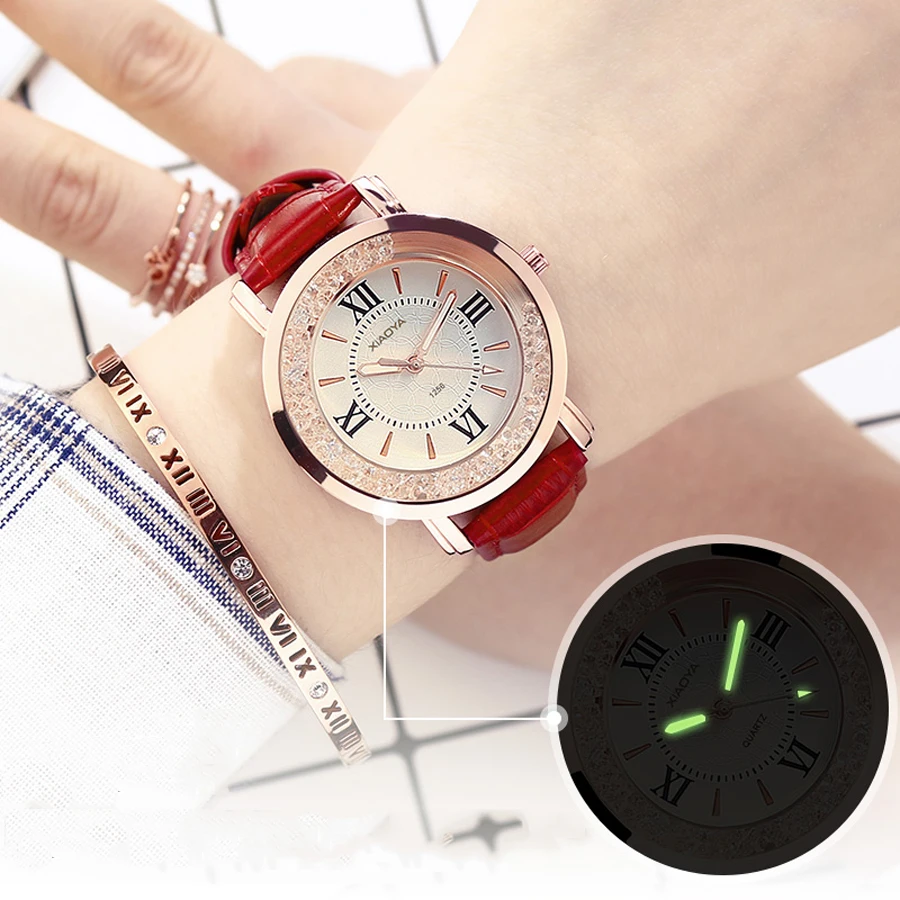 Женские кварцевые часы со стразами браслет с кожаным ремешком 2019|Женские