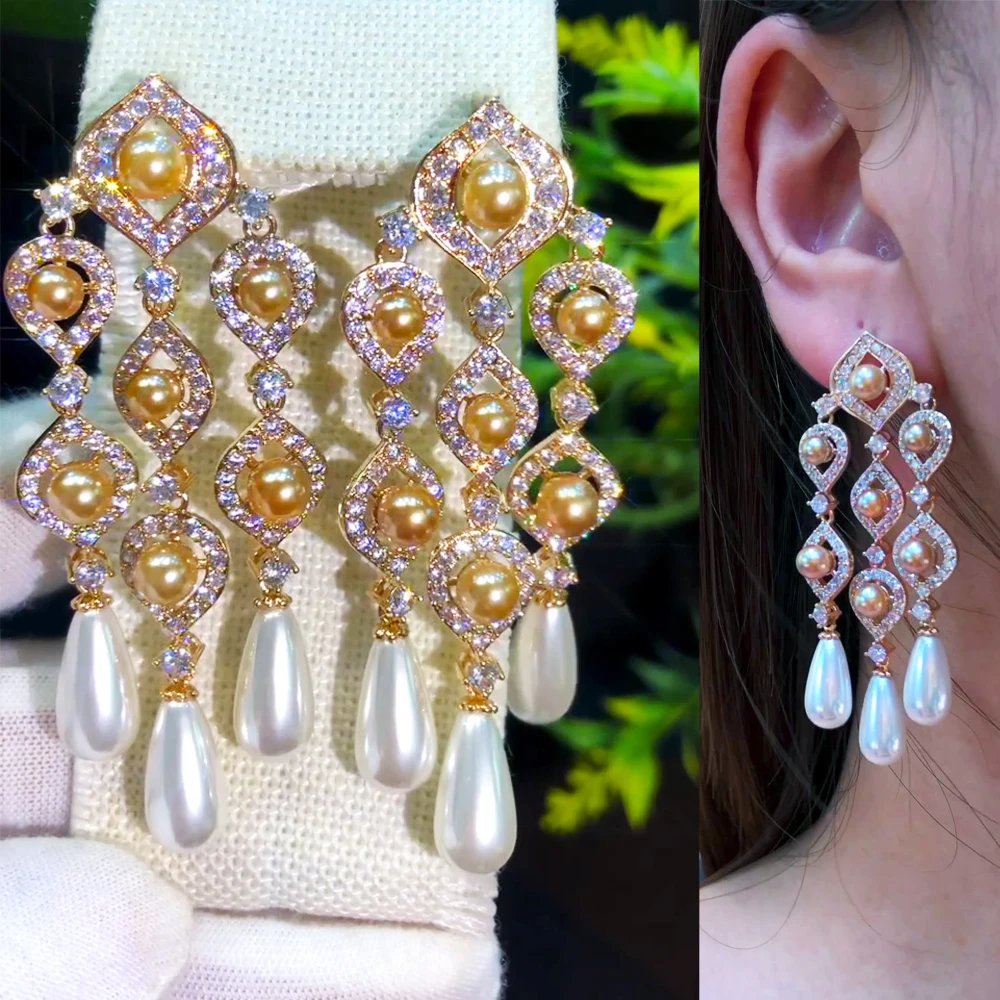 

missvikki Famous Design Charm Pearls Drop Earrings For Women Wedding Multi Cubic Zirconia Dubai Bridal Earrings Costume Jewelry