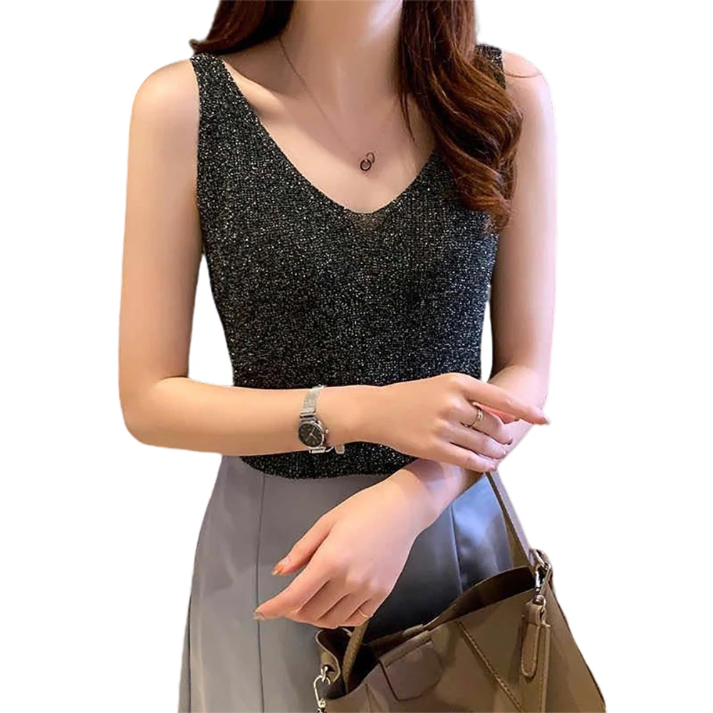 

2020 New tops Women Sexy Solid Color Shining Tank Tops Knitted V Neck Summer Slim Vest tops for women ropa de mujer