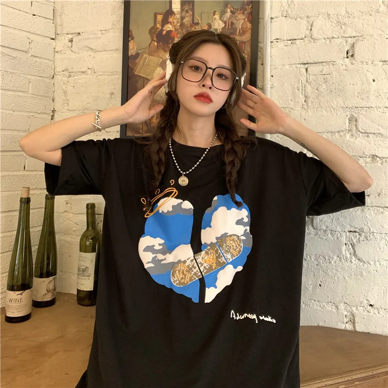 

Новинка 2714, свободная и ленивая черная футболка средней длины в западном стиле с принтом и коротким рукавом