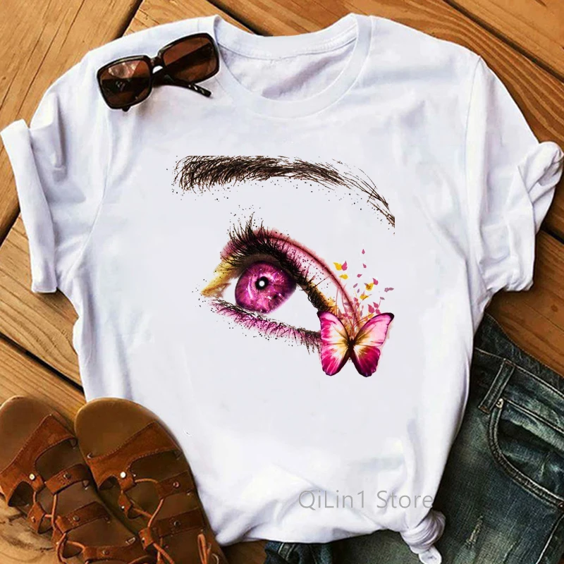 

vintage pink Eye butterfly print t shirt women aesthetic clothes haut femme vogue white tshirt femme summer tops female t-shirt