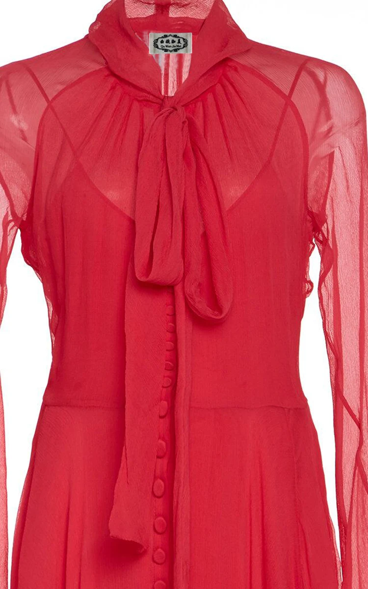 Женское красное платье COLOREE Элегантное однобортное с бантом воротником и