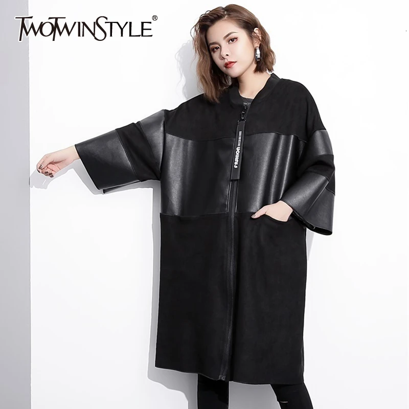 TWOTWINSTYLE свободный крой черная куртка из искусственной кожи большой размер