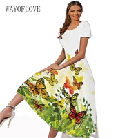 wayoflove butterfly print dresses women white casual elegant short sleeves spring summer beach dress party slim long dress women