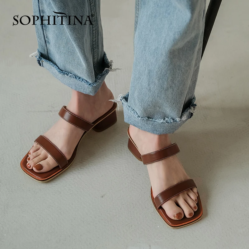 

SOPHITINA Roman Women Sandals New Style Square Toe Thick Heel Shoes Thick Heel Outer Wear Leather Sandals Female Slippers AO661