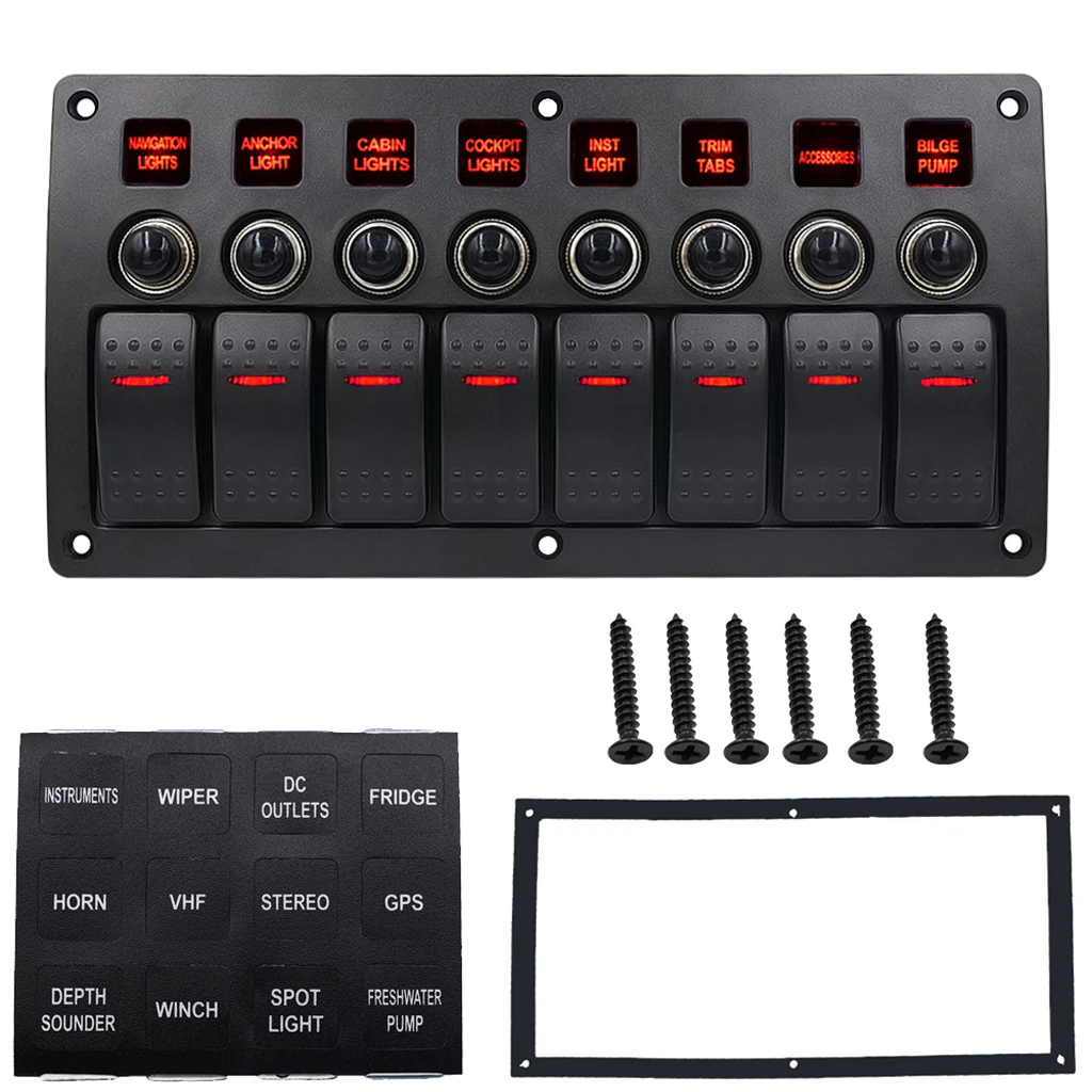 

8 Gang Light Control Switch Panel Red Indicator With Mounting Screws