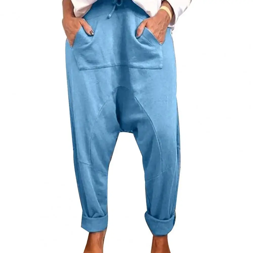 

Harem Pants Solid Color Drop Crotch Women Drawstring Pockets Baggy Trousers for Spring