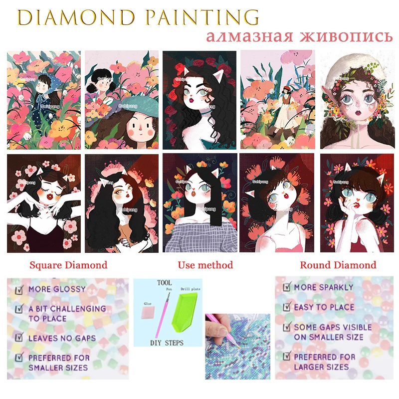 

Diamond Painting Cartoon Pretty Girls with Garland In Heads Cross Stitch Rhinestones Square or Round Diamond Home Rooms Decorati