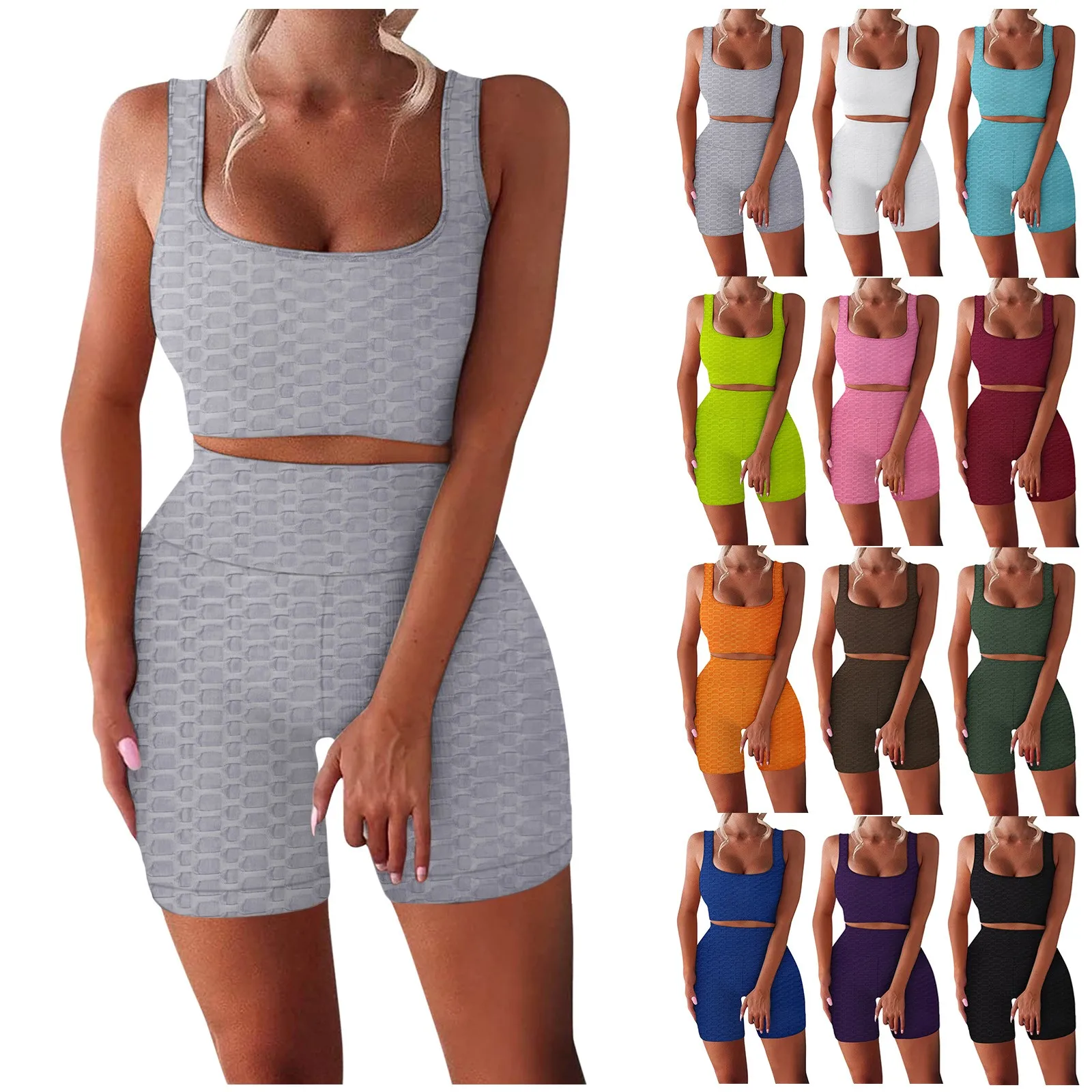 

Women Yoga Suits Gym Sports Clothing Shorts Sleeves Fitness Workout Set Solid Color Ribbed U-Shaped Tank High Waist Yoga Outfits