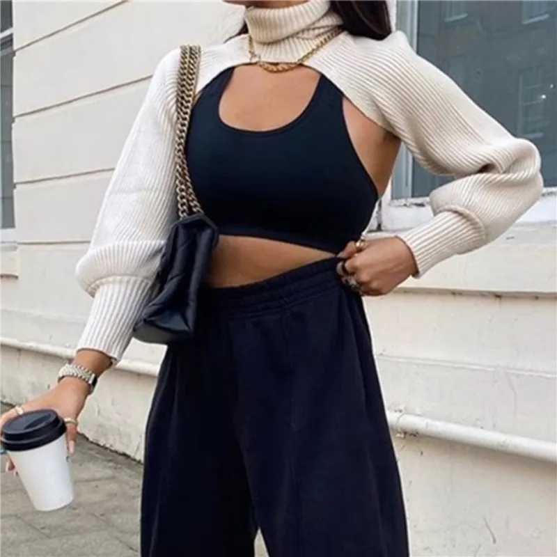 

GAOKE Ｗomen Turtleneck Sexy Short Sweater 2022 Fashion Ladies Full Sleeve Chic Female Knitwear Streetwear