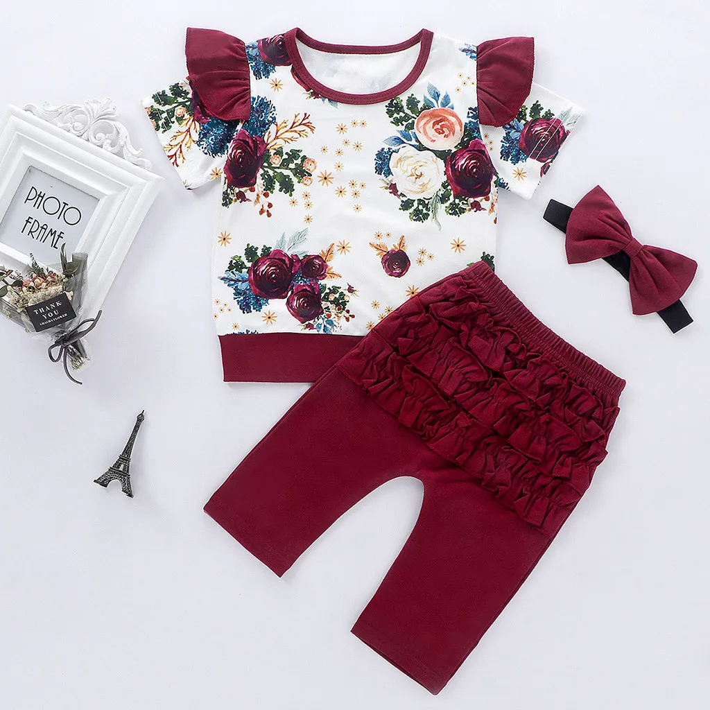 

Комплект из 3 предметов для маленьких девочек Одежда для младенцев и детей для маленьких девочек s комбинезон с цветочным принтом для девоче...