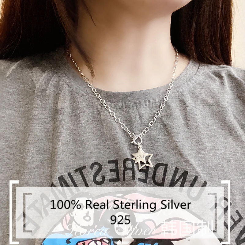 

100% Sterling Silver 925 Clavicle Chain Star Pendant OT Buckle Toggle Choker Necklace Femme Trendy Boho Ins Gothic Gift Necklace