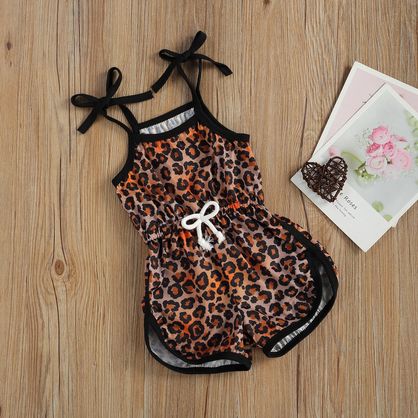 

Newborn Baby Girl's Leopard Printed Romper Jumpsuit Sleeveless Elastic Waist Short Pants Lace-up Sling Bodysuit for Summer