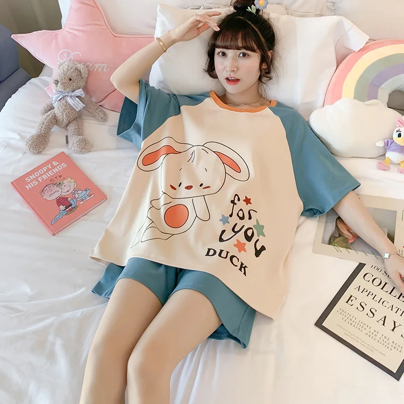 Летняя Пижама для женщин хлопковый свободный костюм в Корейском стиле с коротким