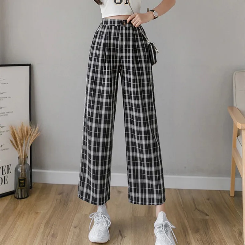 

Girl's Vintage Plaid Pants Women Elastic Waist Loose Pants Korean Harajuku High Waist Trousers 2021 Casual Retro Wide Leg Pants