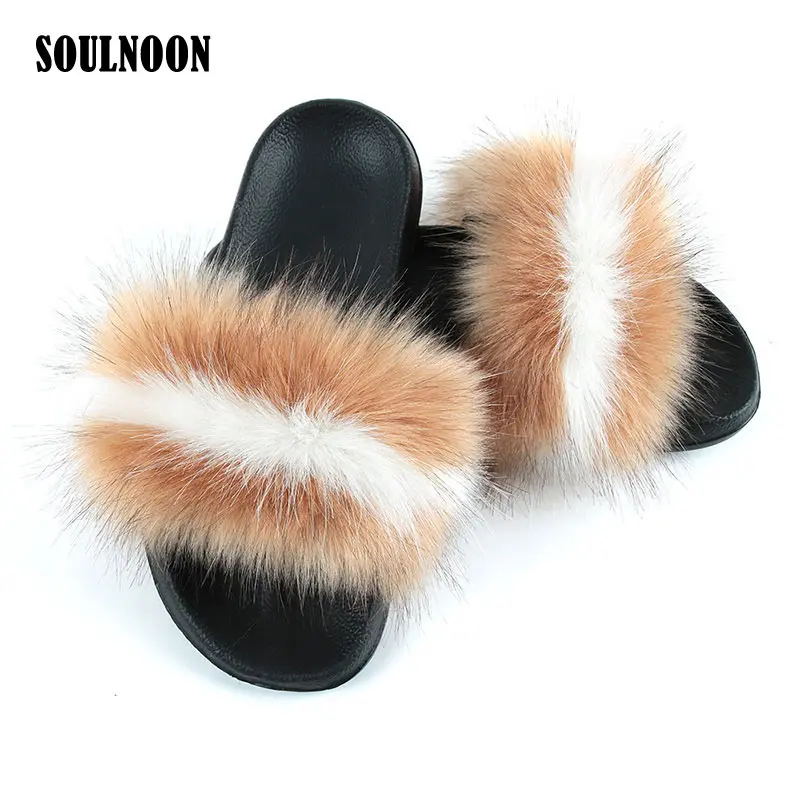 

Women's Furry Fur Flip Flops Girl's Summer Fluffy Sandals Faux Fur Slides Flat Female Home Slipper Woman Plush Casual Shoes