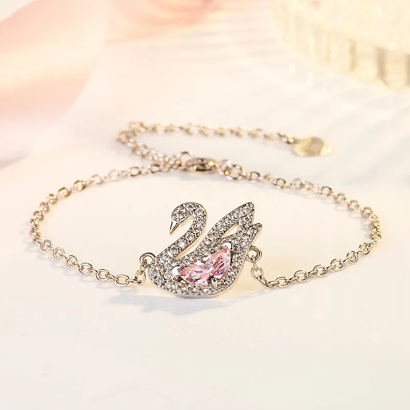 Chic Swan Pink Crystal Zircon Diamond Gemstones Chain Bracelets for Women White Rose Gold Color Jewelry Trendy Gift Dropshipping