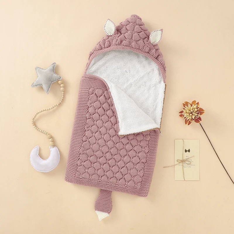 

Baby Sleeping Bags Knitted Solid Newborn Swaddle Wrap Zipper Villus Warm Winter Toddler Infant Sleep Sack Fashion Cute Fox Ears