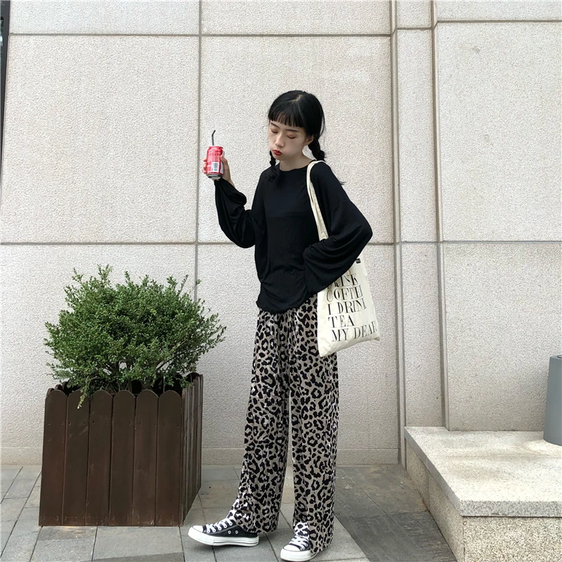 JuneLove осенние леопардовые ретро элегантные свободные женские брюки Elatisc с высокой