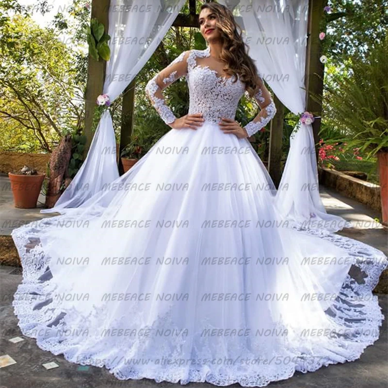 robe mariee 2021 Amazing Lace Beaded Ball Gown Long Sleeve Wedding Dress Turkey Vintage High Neck Bride Vestido De Noiva | Свадьбы и