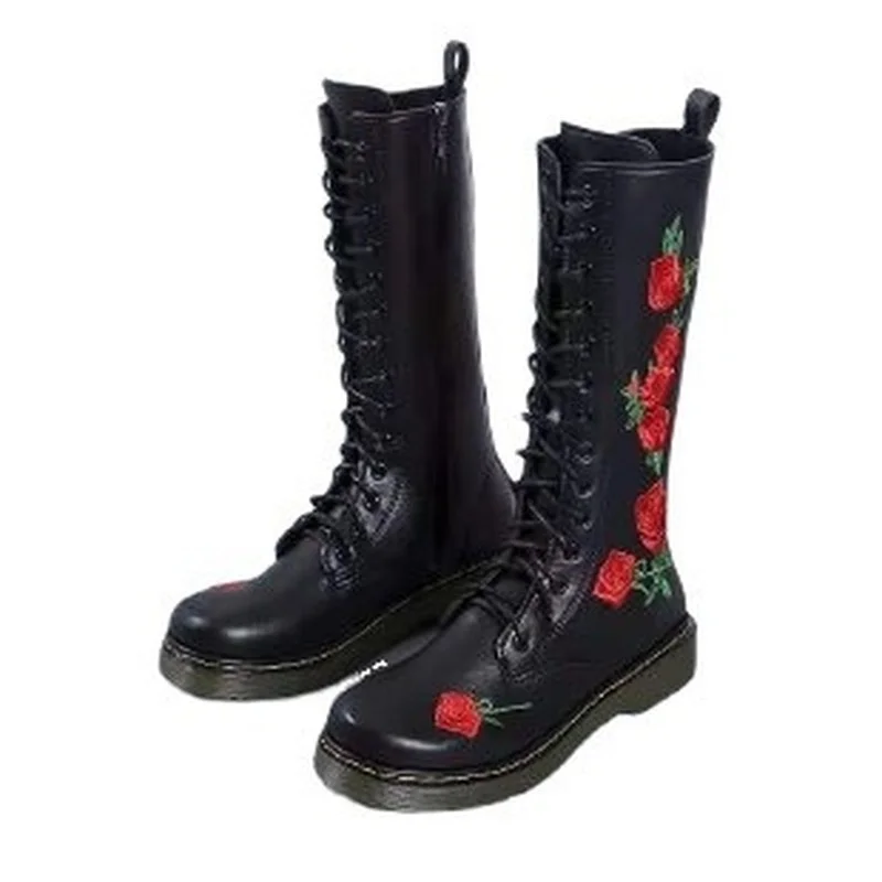 Autumn Women's Boots Embroidered Rose Lace Up Boots Round Toe Zipper Boots Outdoor Non-slip Casual Shoes Mid-tube Boots
