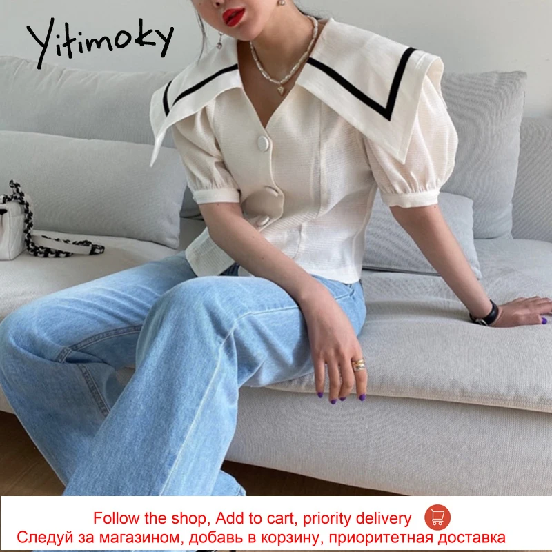 

Yitimoky Casual Women Shirts Sailor Collar Spliced Contrase Color 2021 Summer New Puff Sleeve Single Breasted Slim Shirt Tops