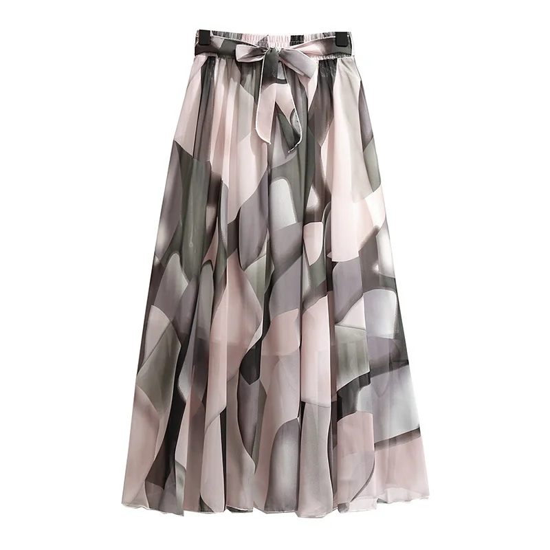 

Chiffon women's spring and summer new holiday beach big wave point long broken flower skirt