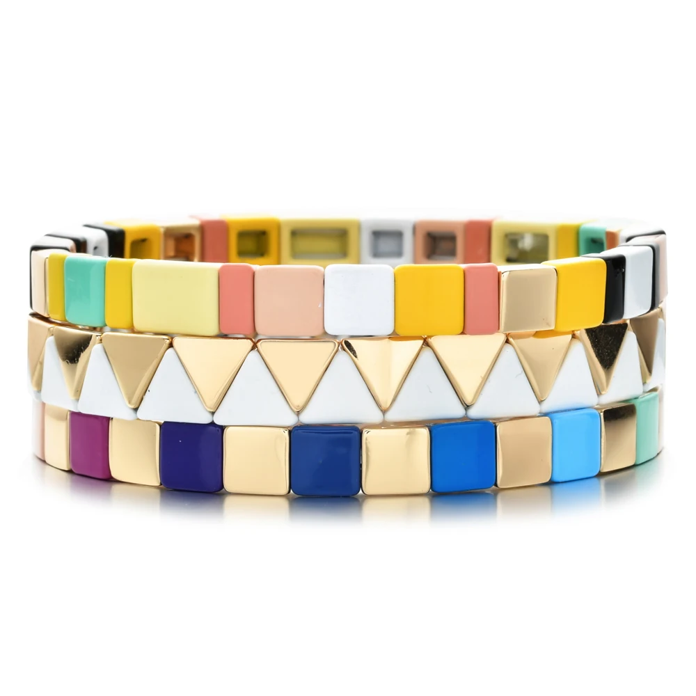 

2023 Spring Boho Bracelet Handmade Friendship Braided Stackable Enamel Rainbow Tile Bracelet Fashion Street Photography Bangles