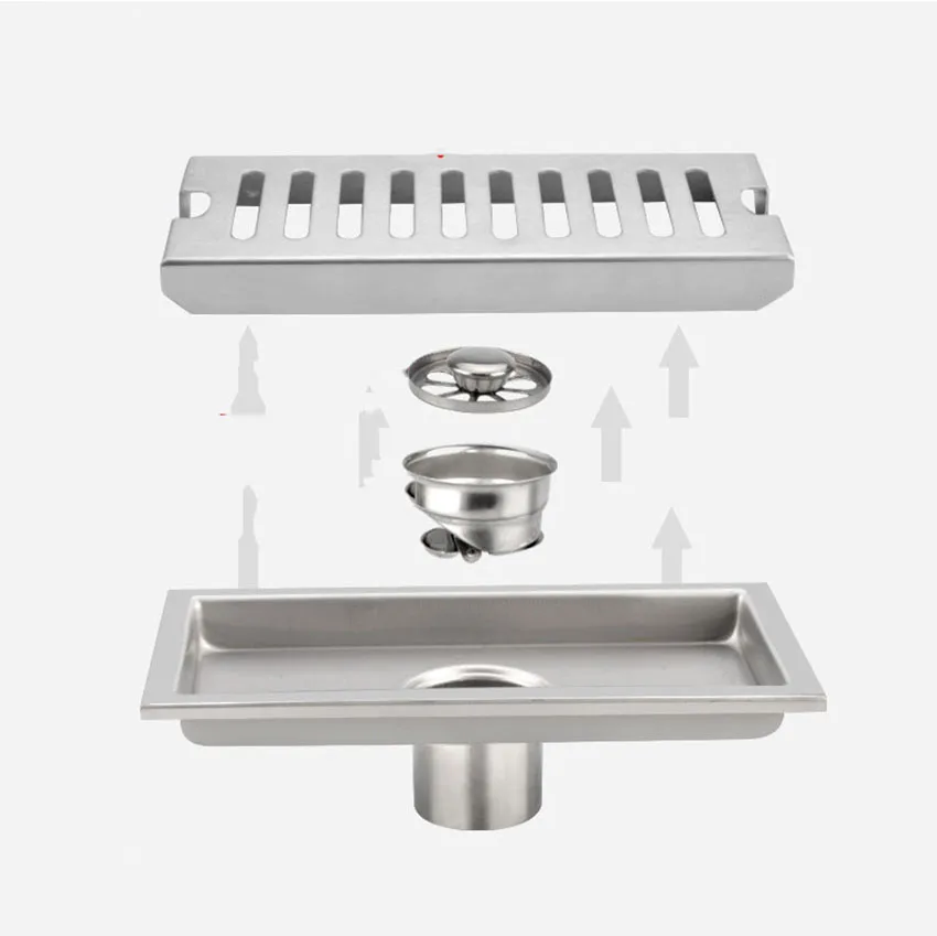 

304 Stainless Steel 75 Pipe Rectangular Floor Drain Toilet Shower Strip Type Floor Drain Deodorant Large Displacement Project