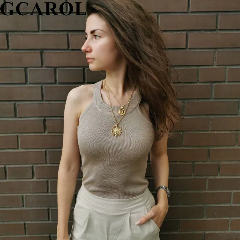 GCAROL, новинка, шикарный Вязаный топ на бретелях, стрейчевый, без рукавов, сексуальный, с открытыми плечами, Шелковый жилет, укороченные топы, майки
