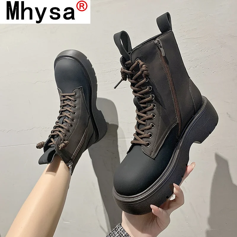 

Осень 2021, женские ботинки на массивном каблуке, повседневные ботинки на шнуровке и молнии, женские модные дизайнерские мотоциклетные ботин...