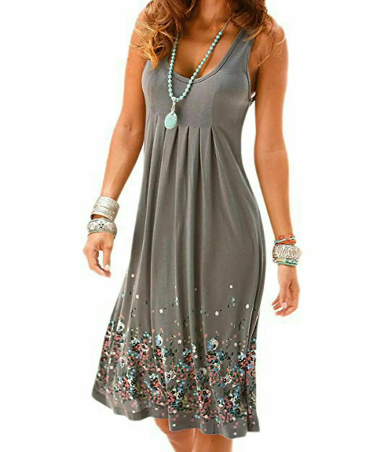 Женское Плиссированное Платье-туника средней длины с U-образным вырезом без