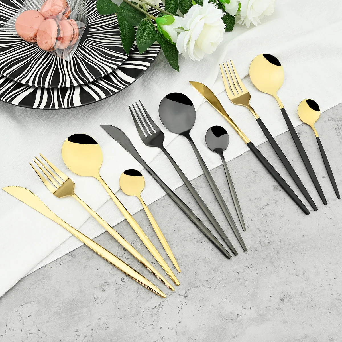 Juego de cubiertos dorados de acero inoxidable para cocina, cuberter&iacute;a de espejo, cuchillo, tenedor, cuchara, 24 piezas, env&iacute;o directo-5