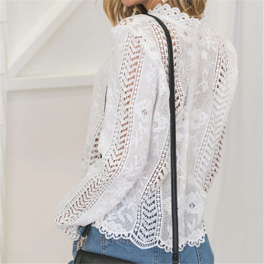Женская блузка с длинным рукавом Белая Кружевная блуза высоким воротом топ