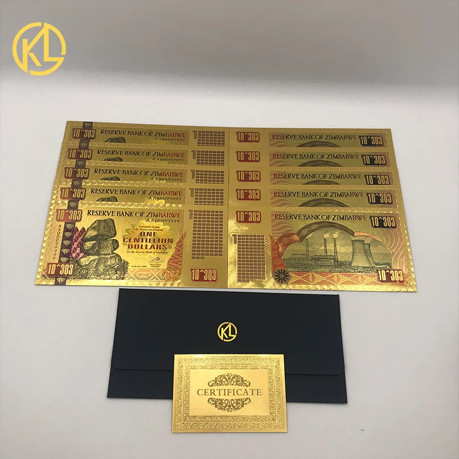

10pcs Zimbabwe Gold Banknote ONE CENTILLION DOLLARS Gold 999999 Zimbabwe Dollars Stone Banknotes for Business Gifts