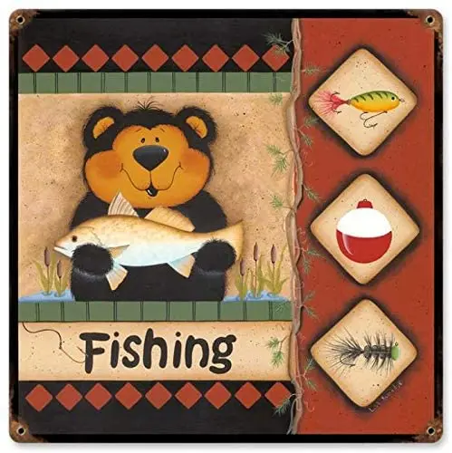 

Maizeco Metal Tin Signs Retro Fishing Bear Plaque Poster for Garden Farmhouse Outdoor Beer Garage Home Decor Decorative Wall