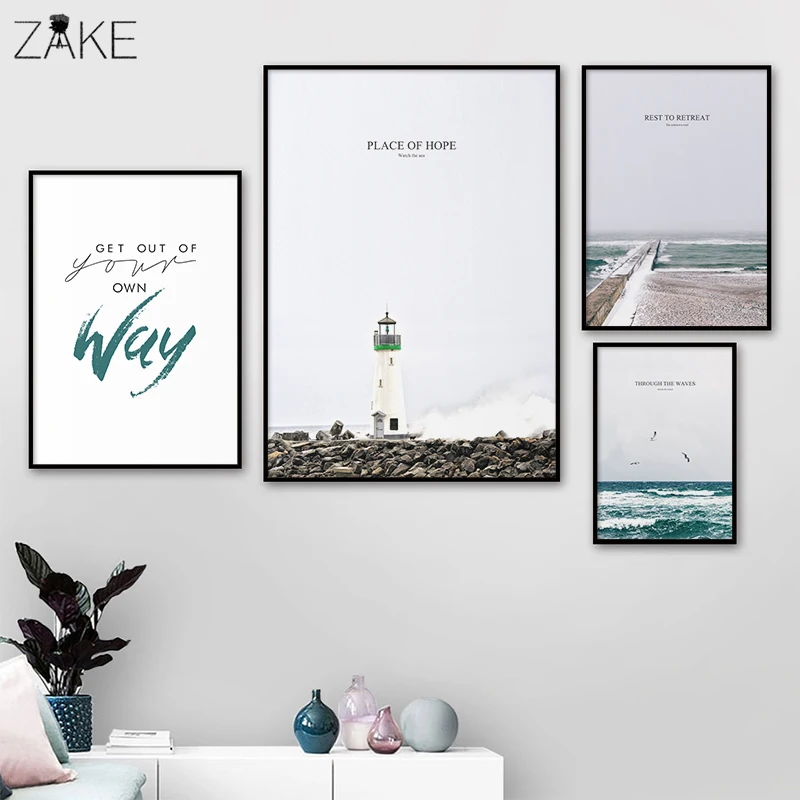 

Lampstand Blue Sea And Sky Nordic Landscape Canvas Painting Free Seagull Waves Beach Art Poster Living Room Decor Seabirds Wall