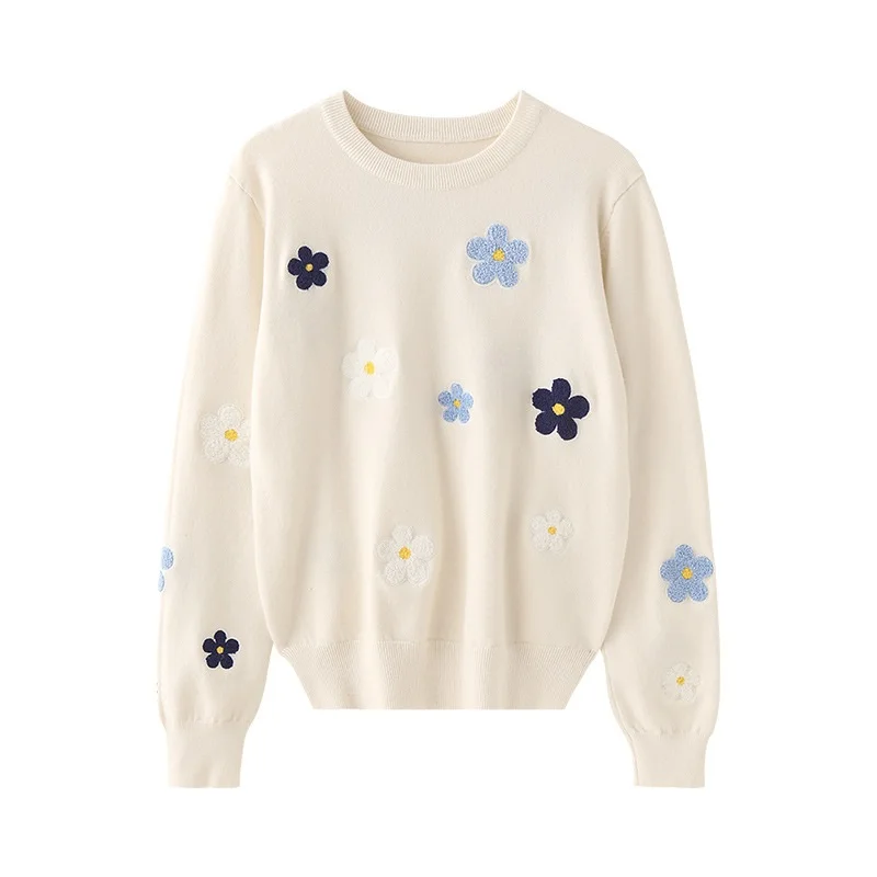 

Корейский цветочный Emobroidery пуловер свитер высокого качества женские элегантные трикотажные топы с круглым вырезом