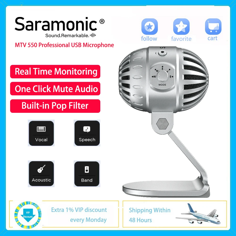 

Профессиональный проводной настольный микрофон Saramonic MTV550, Студийный микрофон, USB для ПК, ноутбука, iPhone, Type-C, Одно нажатие, бесшумный